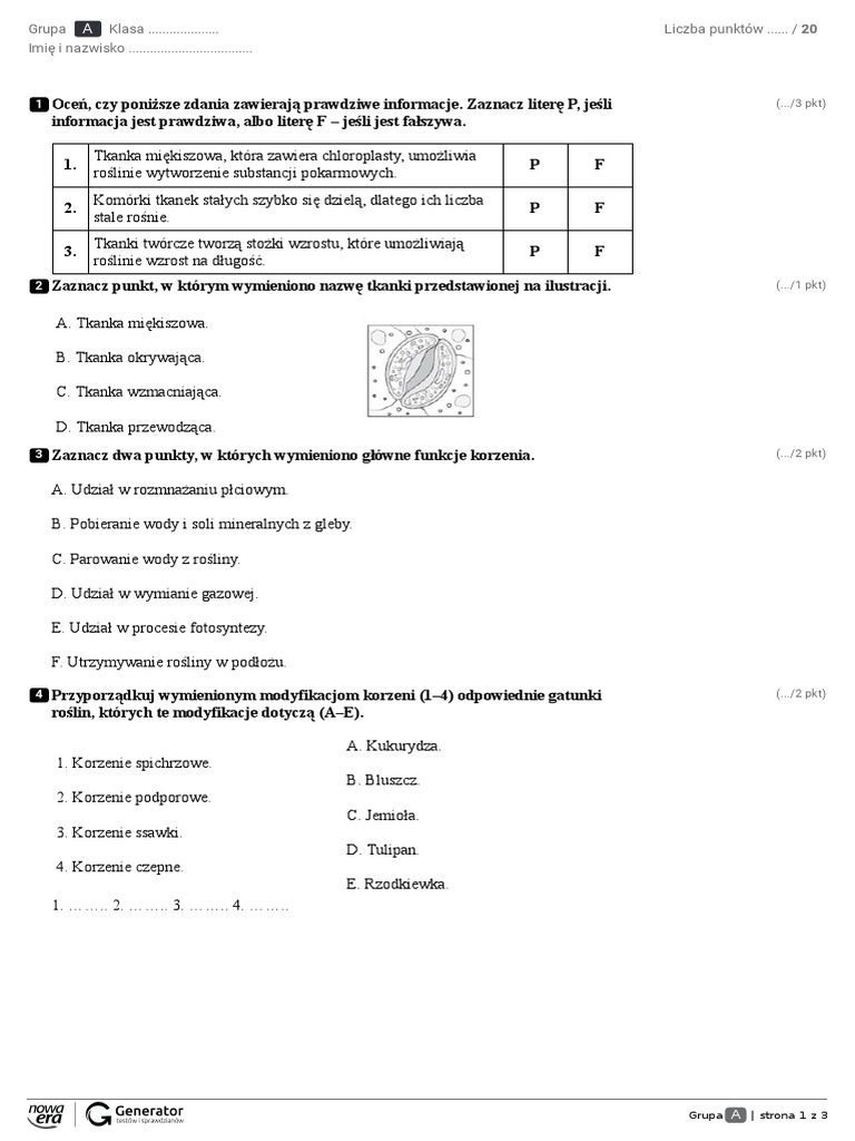 Test Biologia Kl. 5 - 4 Maj | PDF Sprawdzian Klasa 5 Biologia
