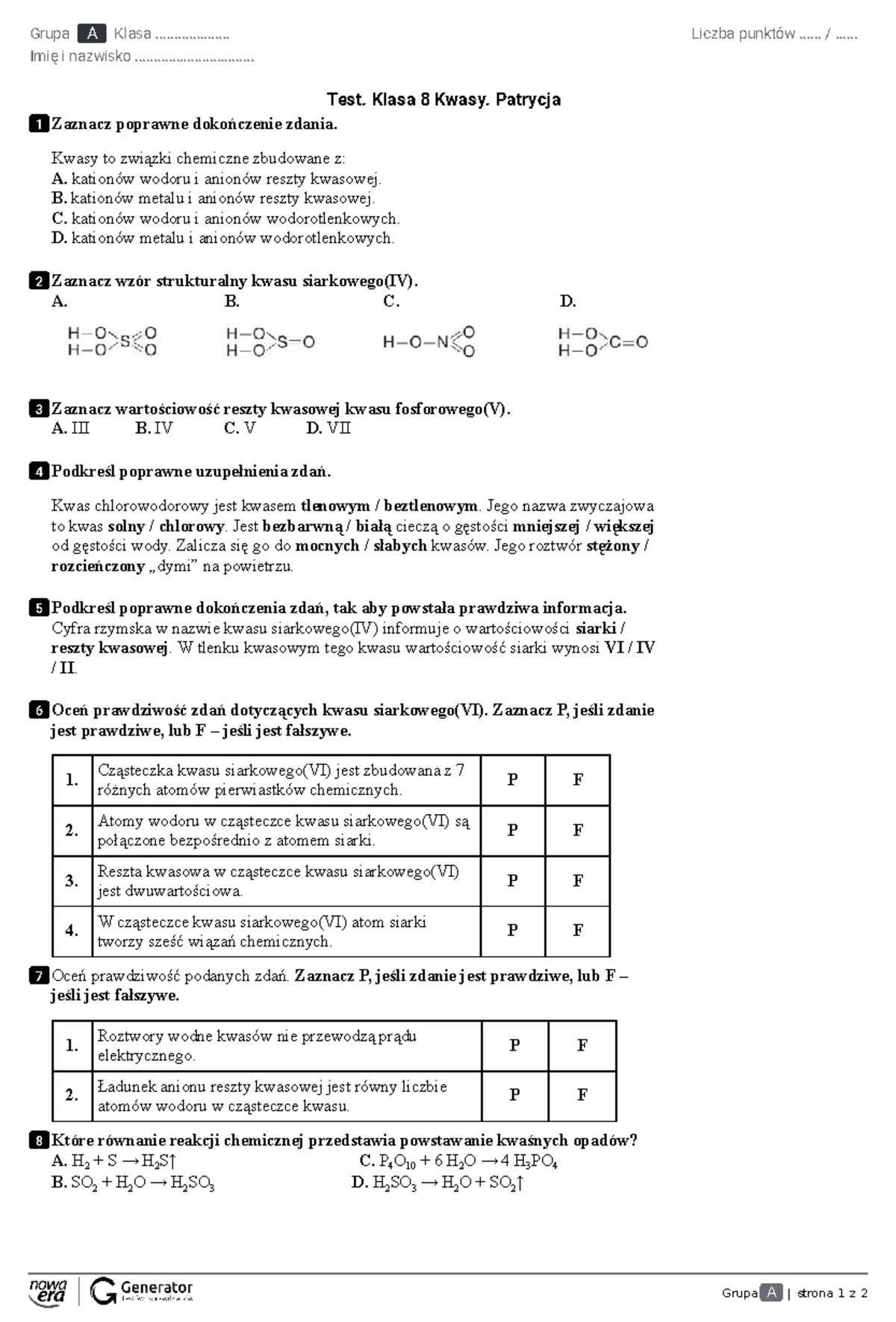 Test Z Chemii Klasa 8 Kwasy
