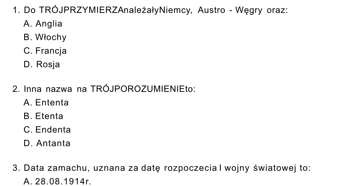 Test: I wojna światowa w PDF do druku z odpowiedziami, za darmo Test Historia Klasa 8 Swiat Po 2 Wojnie Swiatowej