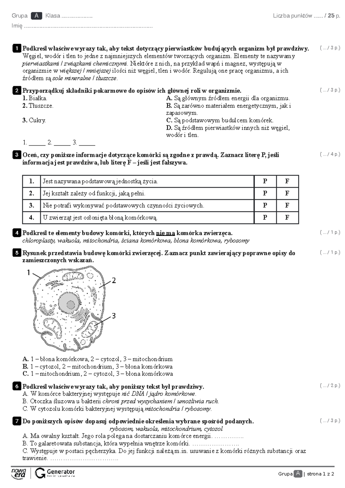 Test II. Budowa i czynności życiowe organizmów Test (z widoczną Test Z Biologii Klasa 5 Pdf