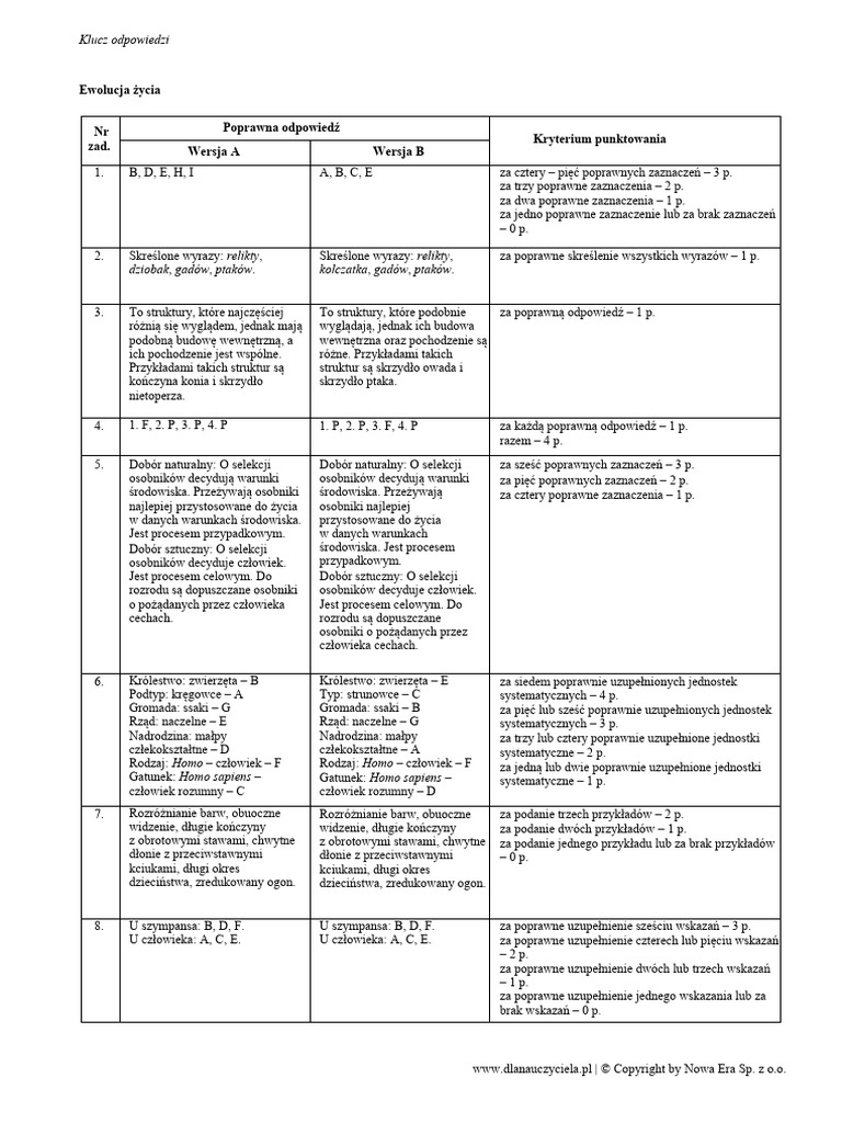Ewolucja Zycia Klasa 8 Test