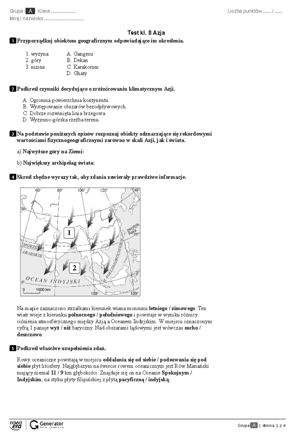 Test. Kl. 8. Azja. 1 - hgrgrgr - Grupa A Klasa Klasa 8 Geografia Azja Test