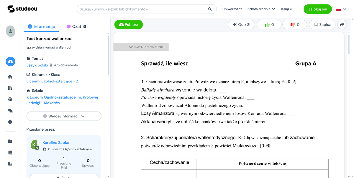 Test konrad wallenrod - Sprawdzian NA Koniec Sprawdź, ile wiesz Grupa A Konrad Wallenrod Test Z Odpowiedziami
