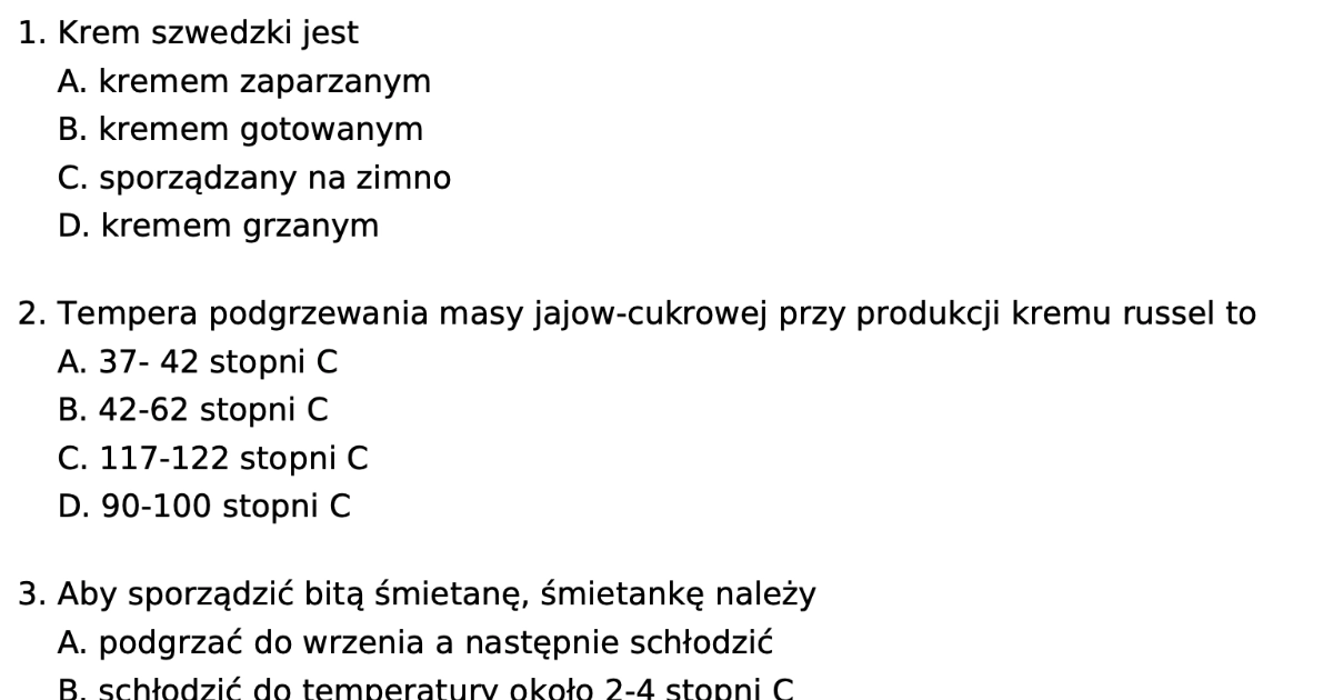 Test: Kremy i masy w PDF do druku z odpowiedziami, za darmo Testy Z Technologii Gastronomicznej Z Odpowiedziami