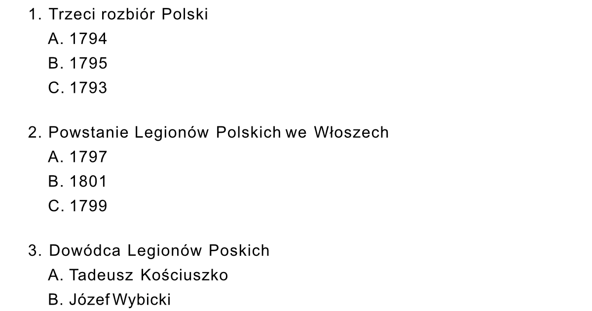 Test: Legiony Polskie we Włoszech: Sprawdzian / klasówka w PDF do druku Sprawdzian Historia Klasa 1 Gimnazjum Początki Cywilizacji