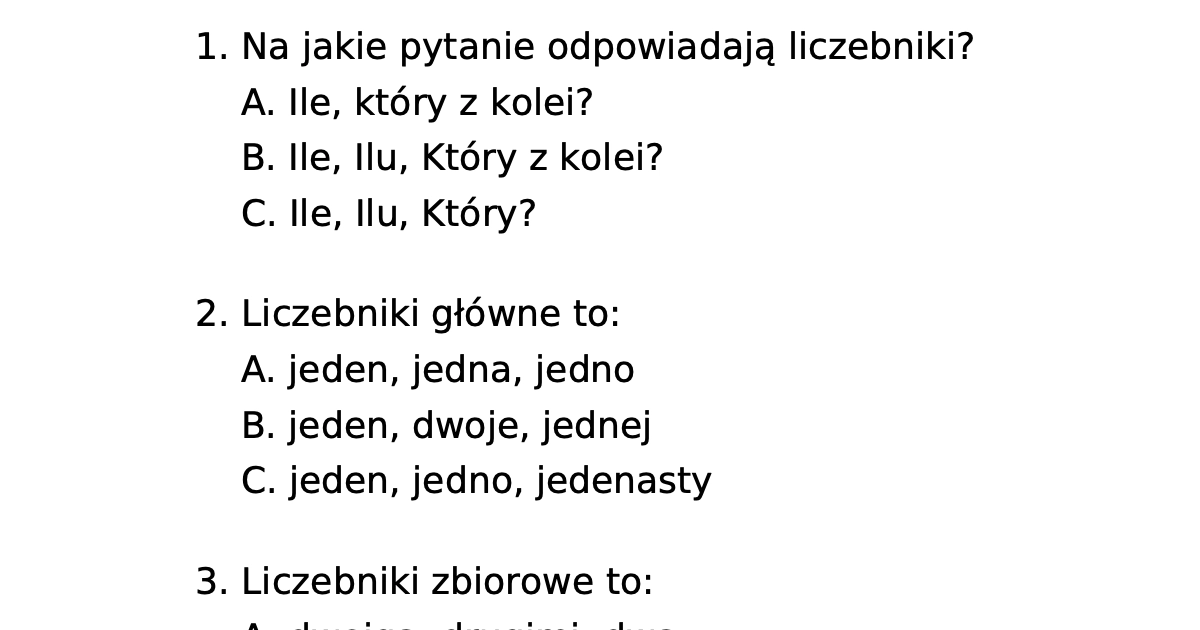 Test Klasa 5 Język Polski Liczebniki