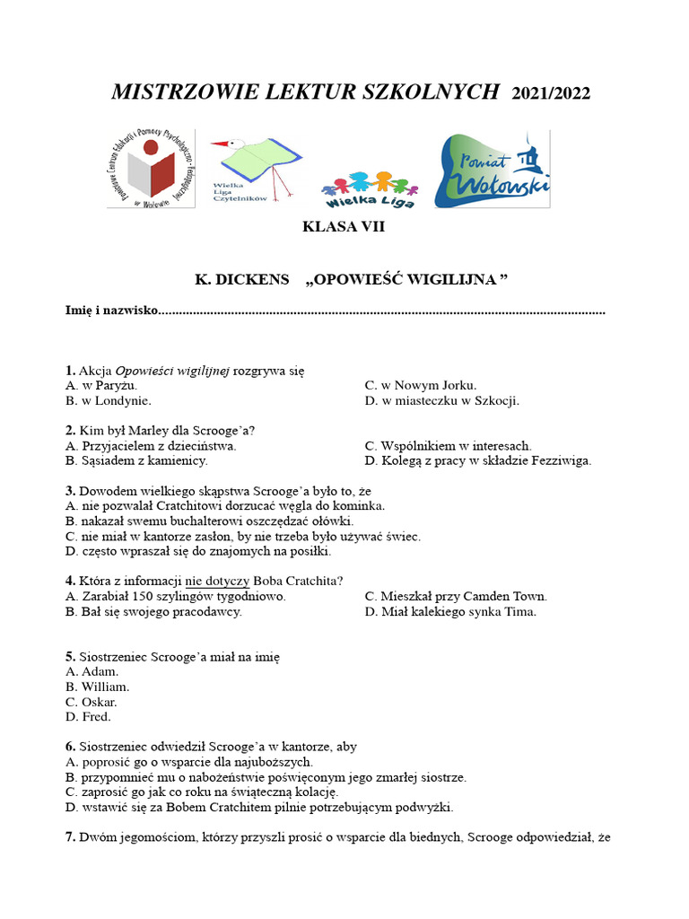 TEST Opowiesc Wigilijna | PDF Opowiesc Wigilijna Test Pdf