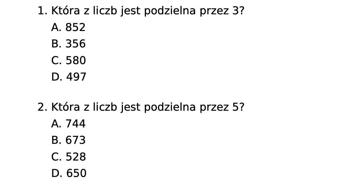 Test: Podzielność liczb przez 3, 4, 5 do druku dla uczniów klas 5, 6 Podzielnosc Liczb Klasa 4 Zadania