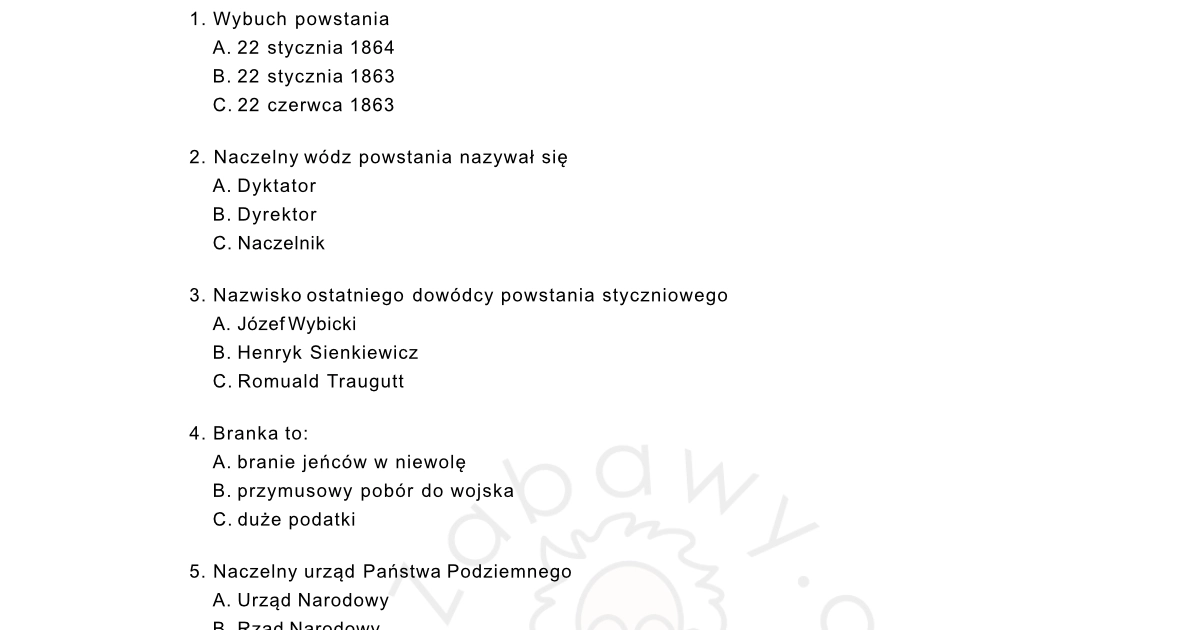 Test: Powstanie styczniowe - daty i bitwy: Sprawdzian / klasówka w PDF Test Historia Klasa 4 Dzial 5