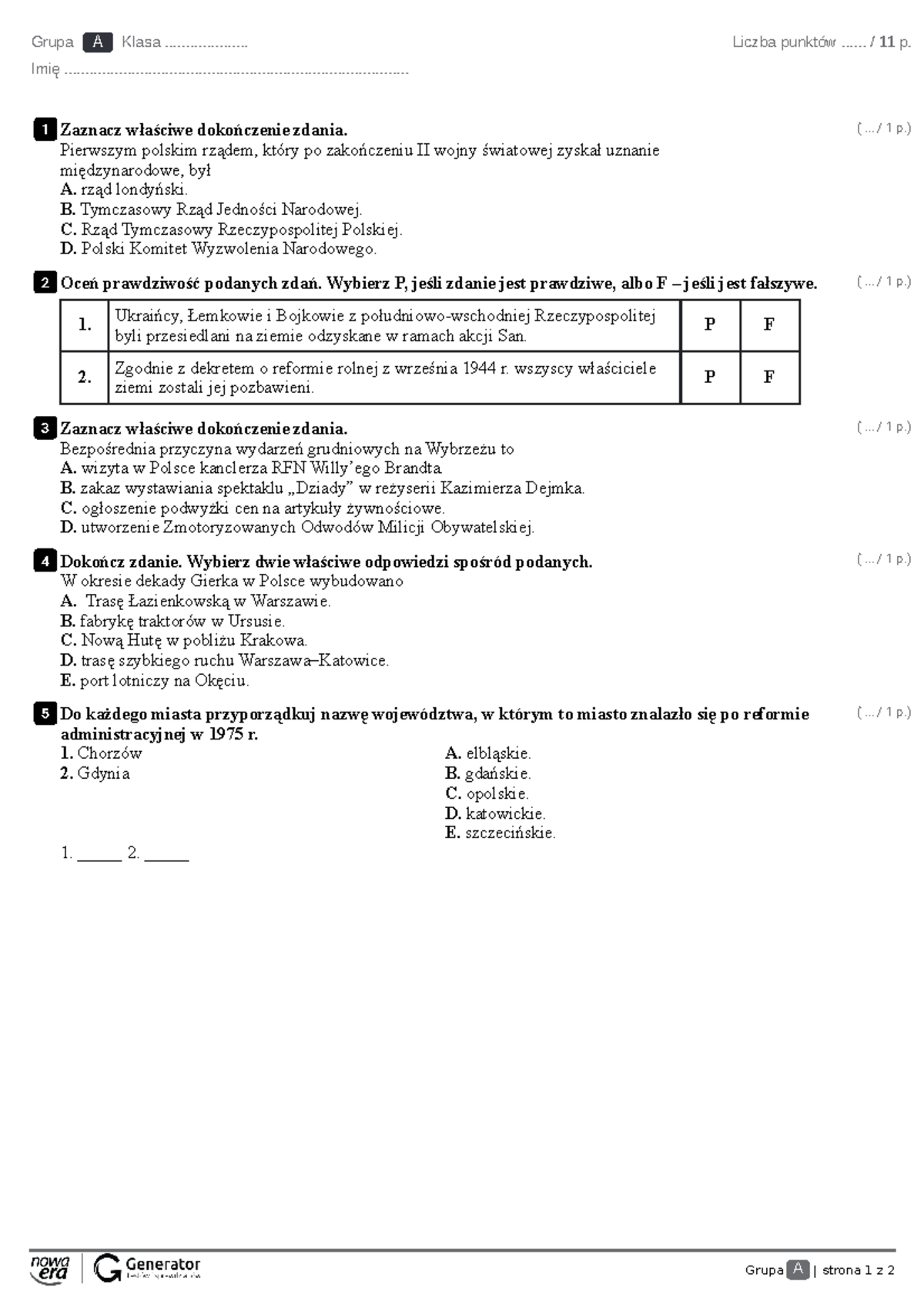 Test, rozdział IV Test (z widoczną punktacją) - Grupa A | strona 1 z 2 Test Z Wosu Klasa 8 Dzial 1