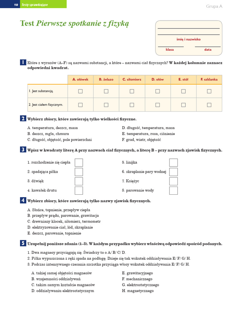 Test Sprawdzajacy 1 Pierwsze Spotkanie Z Fizyka Grupa A | PDF Pierwsze Spotkanie Z Fizyka
