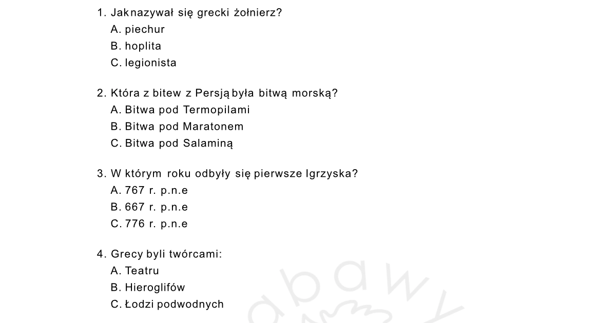 Test: Starożytna Grecja: Sprawdzian / klasówka w PDF do druku Sprawdzian Klasa 5 Historia Dzial 2 Starozytna Grecja