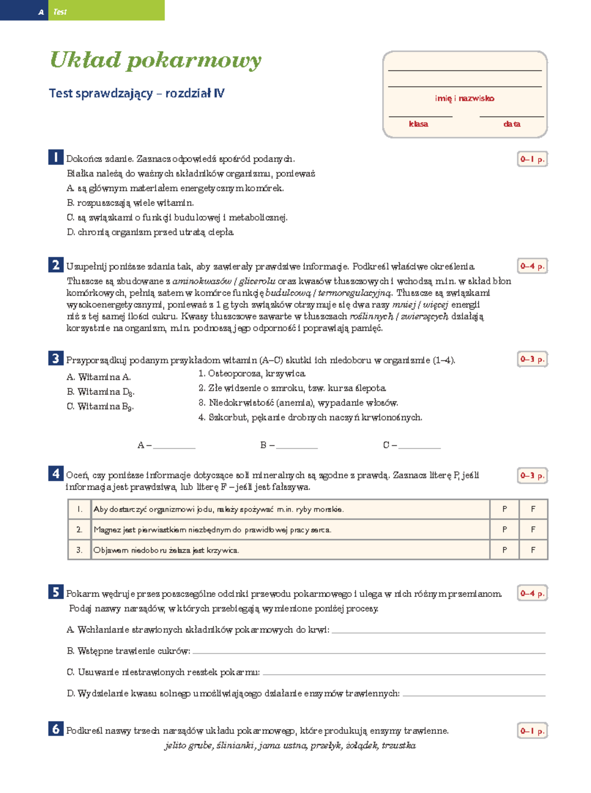 Uklad Pokarmowy Test Klasa7