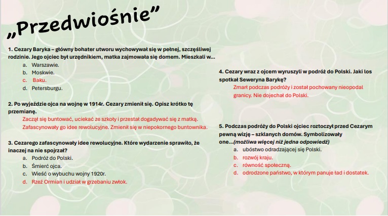 Test wprowadzający z lektury "Przedwiośnie" • Złoty nauczyciel Przedwiosnie Pytania I Odpowiedzi Do Lektury