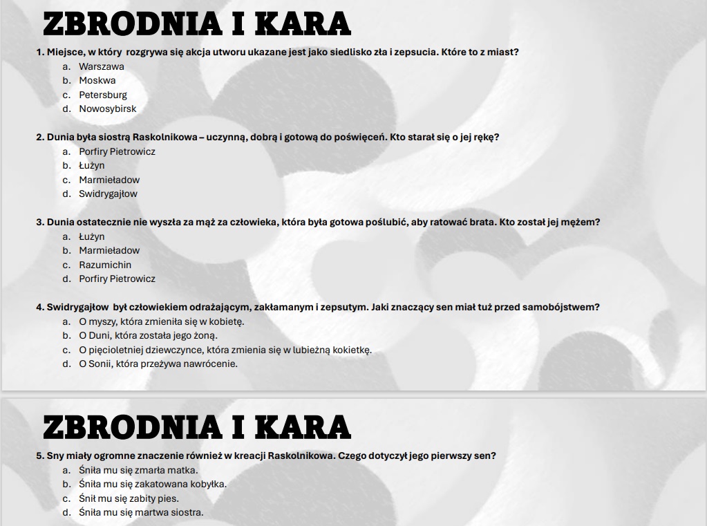 Test wprowadzający z lektury "Zbrodnia i kara" • Złoty nauczyciel Sprawdzian Zbrodnia I Kara Gwo