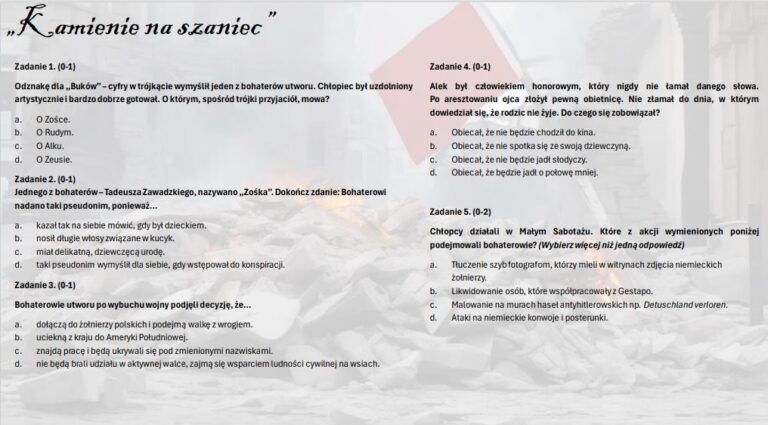 Test wprowadzający/powtórzeniowy do lektury "Kamienie na szaniec Pytania Do Kamieni Na Szaniec