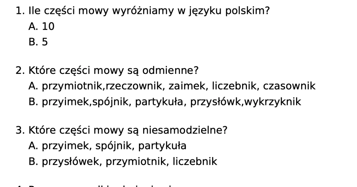 Test z części mowy (poziom podstawowy): PDF do druku Sprawdzian Z Części Mowy Klasa 6 Z Odpowiedziami