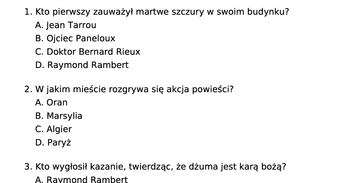 Test z lektury "Dżuma": PDF do druku dla uczniów, nauczycieli Test Z Lektury Podróż Za Jeden Uśmiech