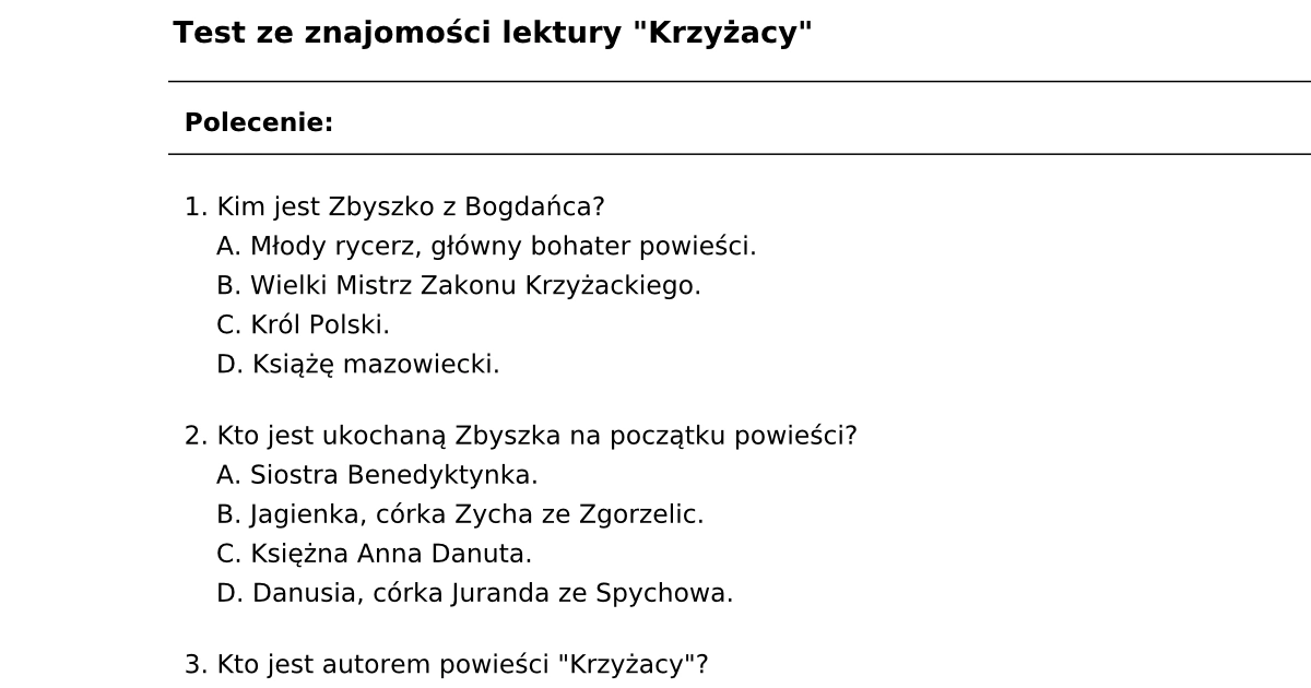 Test z lektury "Krzyżacy": PDF do druku dla uczniów, nauczycieli Krolowa Sniegu Test Z Lektury