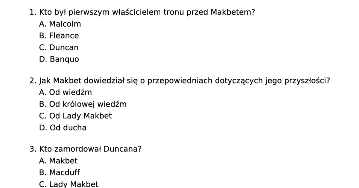 Test z lektury "Makbet": PDF do druku dla uczniów, nauczycieli Inny świat Test Z Odpowiedziami