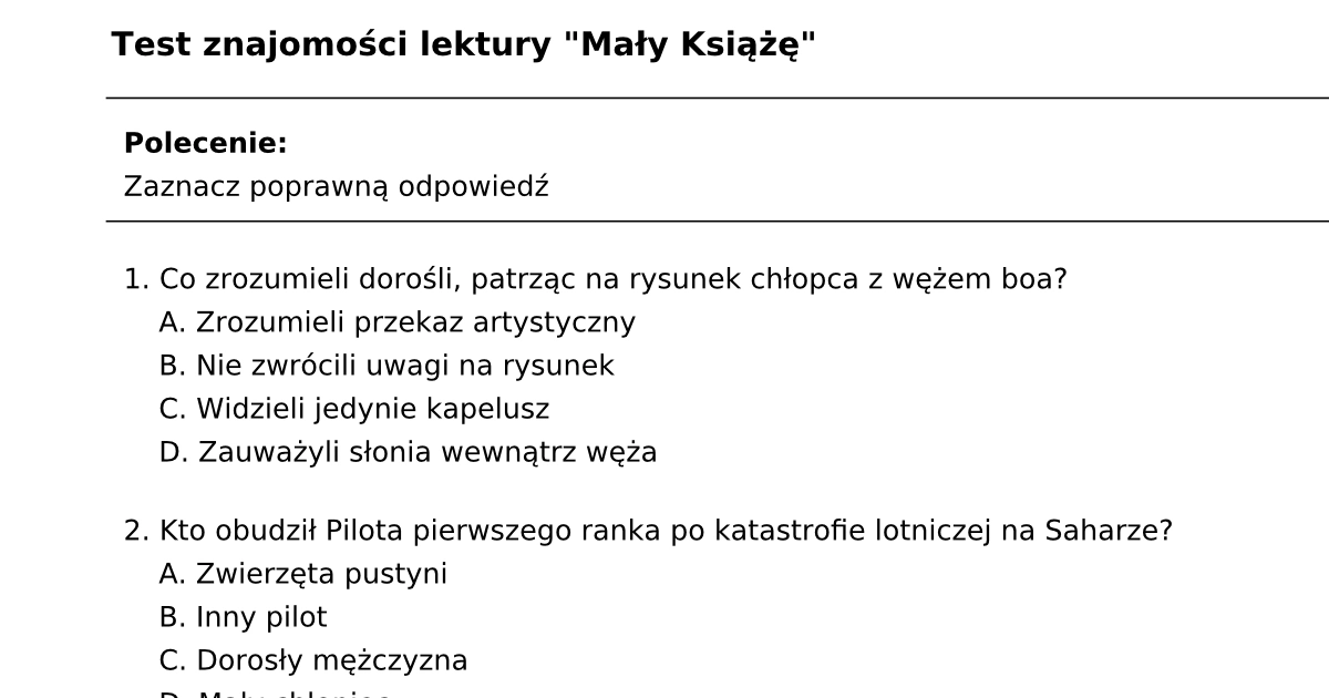 Test z lektury "Mały Książę": PDF do druku dla uczniów, nauczycieli Test Z Chlopow Tom 1