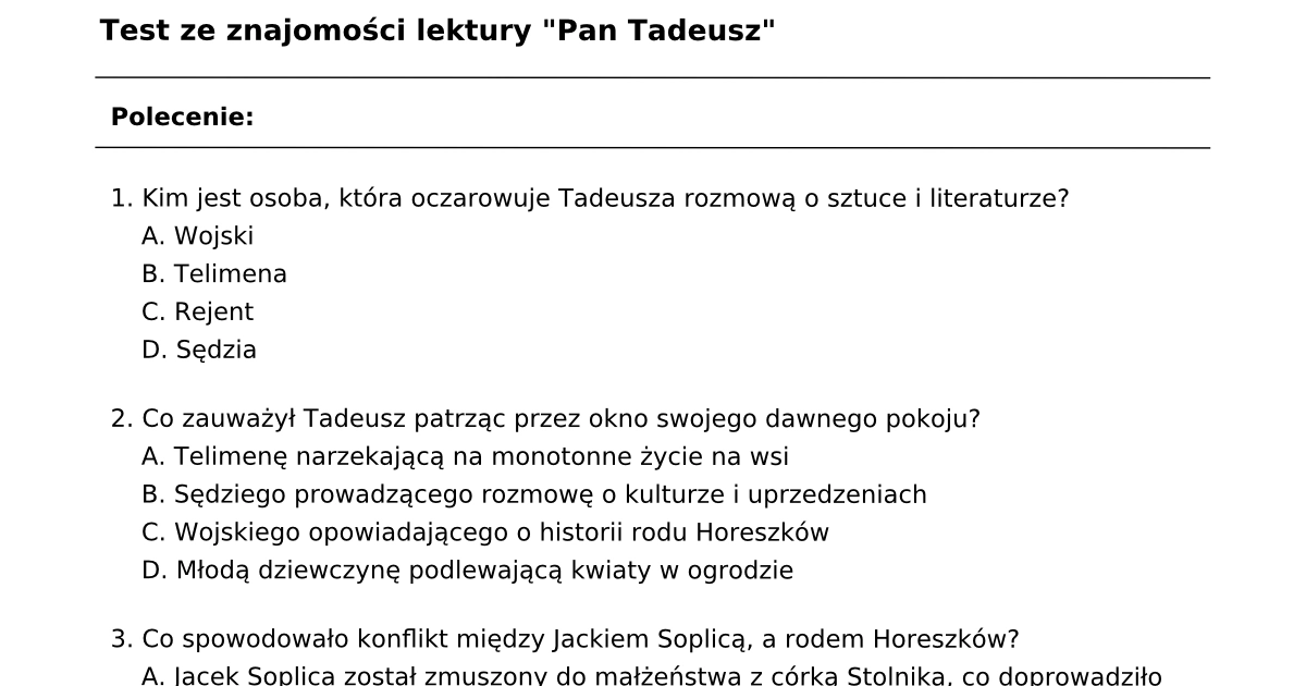 Test z lektury "Pan Tadeusz": PDF do druku dla uczniów, nauczycieli Test Pan Tadeusz Ksiega 2