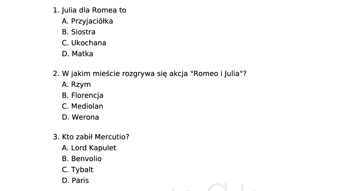 Sprawdzian Z Lektury Romeo I Julia
