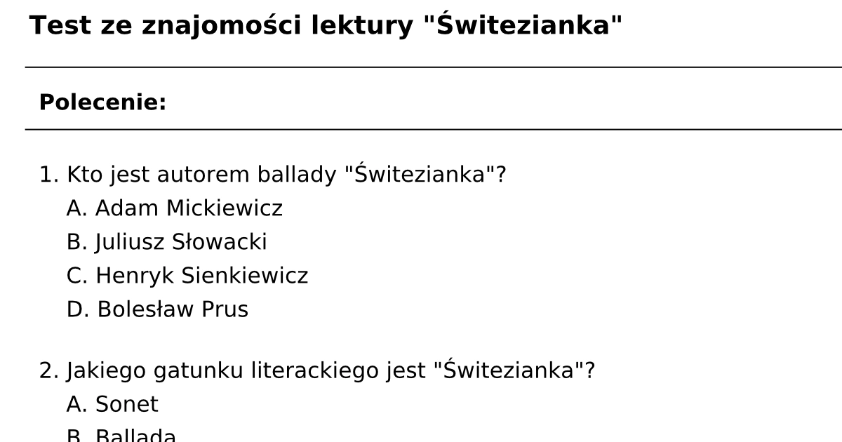 Test z lektury "Świtezianka": PDF do druku dla uczniów, nauczycieli Sprawdzian Z Lektury Mały Książe