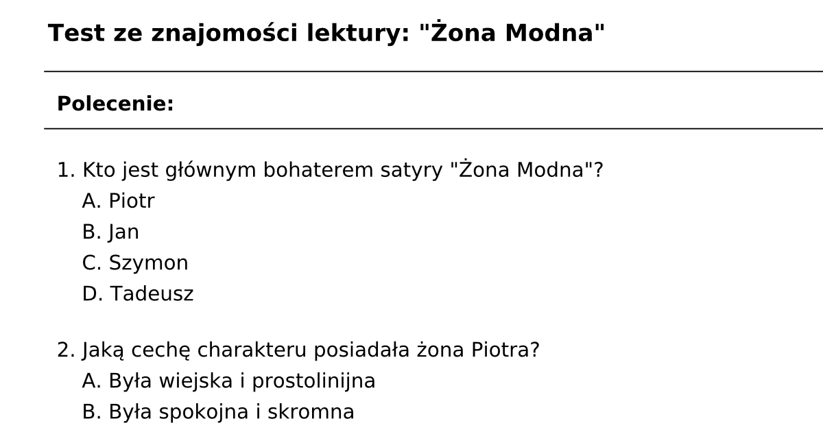 Test z lektury "Żona modna": PDF do druku dla uczniów, nauczycieli I Nie Było Już Nikogo Test Z Lektury