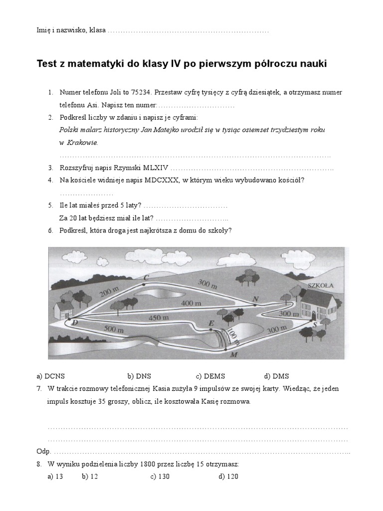 Test Z Matematyki Dla Klasy 4 | PDF Quiz Z Matematyki Klasa 4