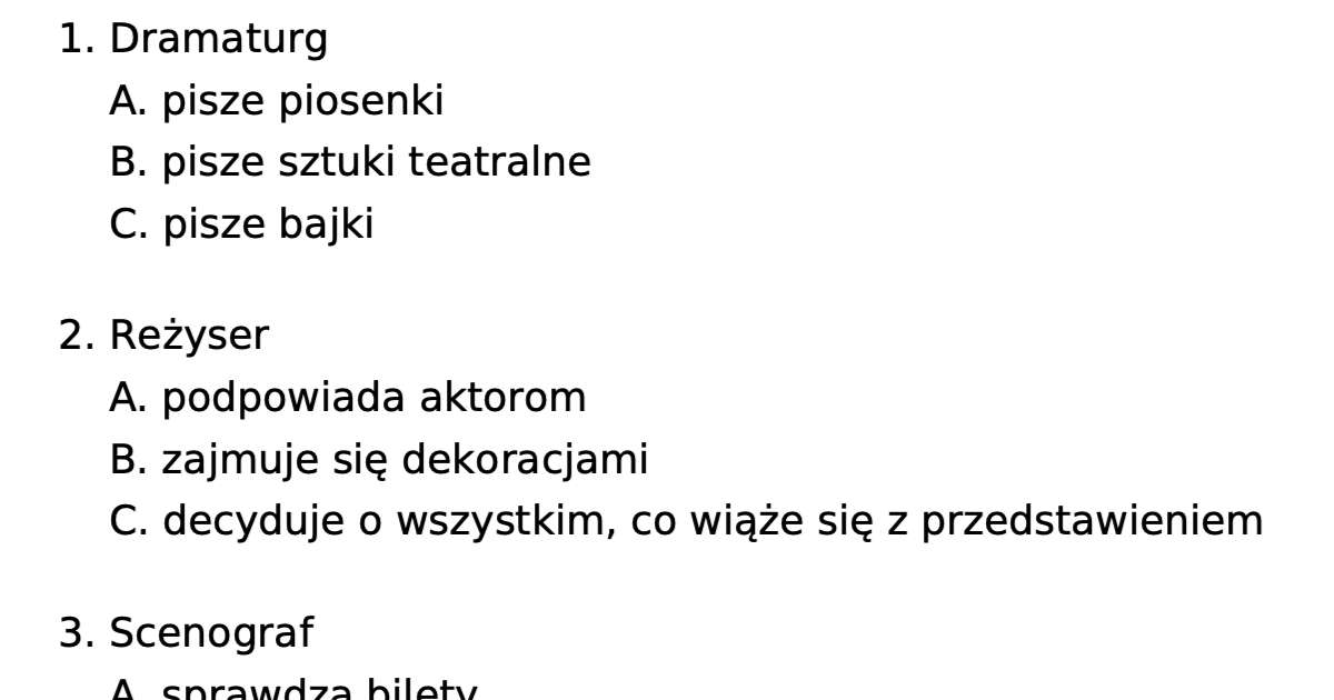 Test: Zawody związane z teatrem: PDF do druku dla uczniów, nauczycieli Test Wiedzy O Teatrze Gimnazjum