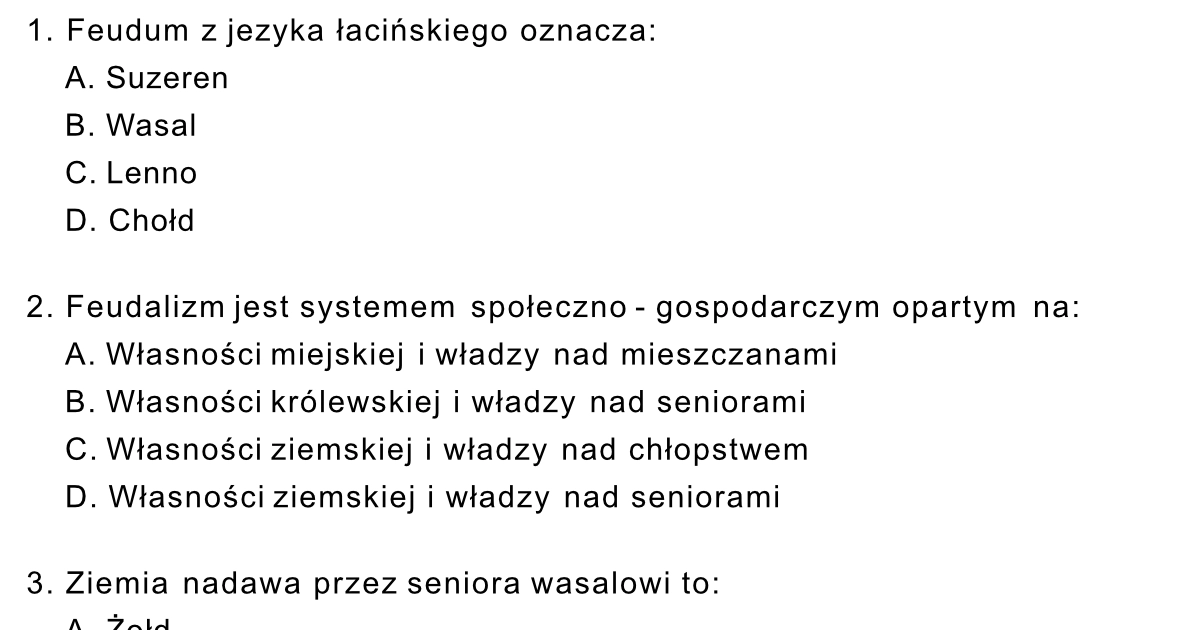 Test ze średniowiecza dla klasy 5: Sprawdzian / klasówka w PDF do druku Sredniowiecze Test