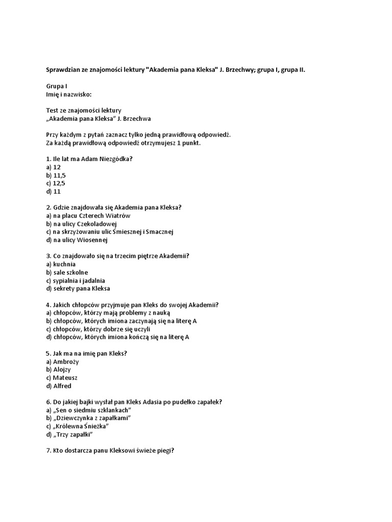 Testy Akademia Pana Kleksa | PDF Test Z Akademii Pana Kleksa