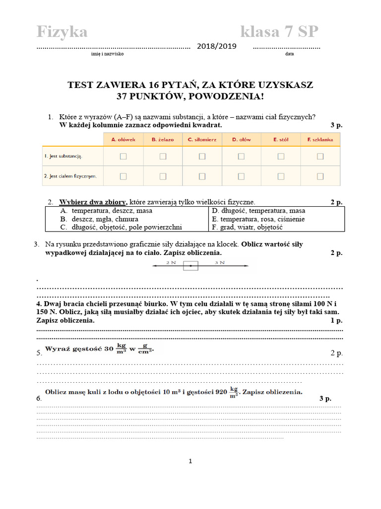 testy klasa 7 fizyka | PDF Fizyka Klasa 7 Dzial 1 Test