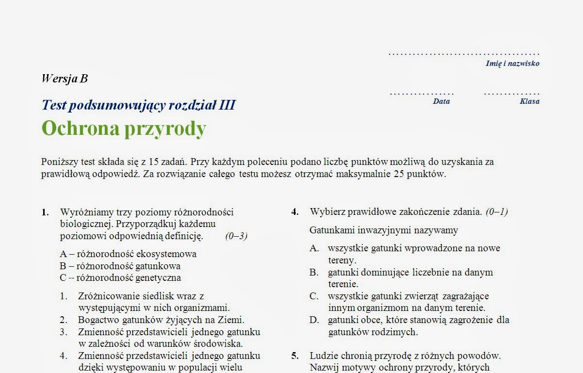Testy / Sprawdziany / Kartkówki: Biologia na czasie ZP (Nowa Era) Nowa Era Biologia Klasa 6 Sprawdziany
