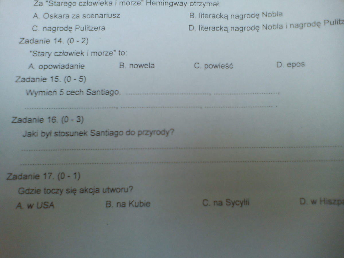Testy Stary Człowiek I Morze Stary Czlowiek I Morze Sprawdzian