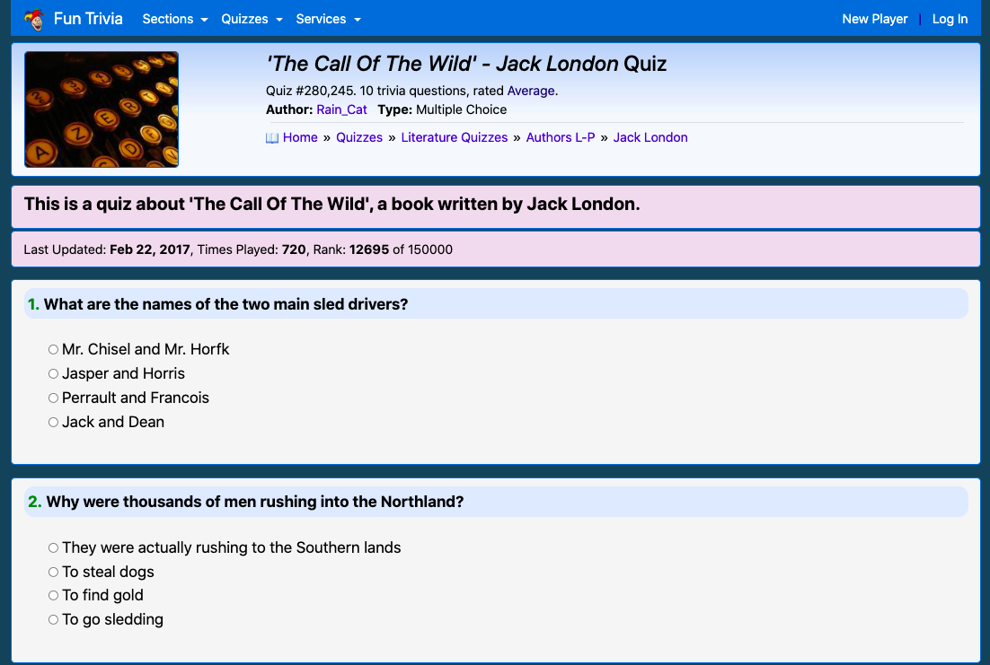 The Call Of The Wild - Jack London Quiz Interactive for 6th - 12th Call Of The Wild Section 2 Quiz