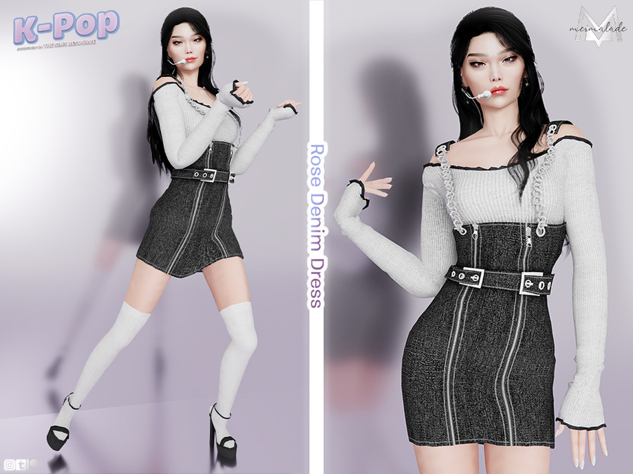 The Sims Resource - KPOP Collection Rose Denim Dress Kpop The Sims 4