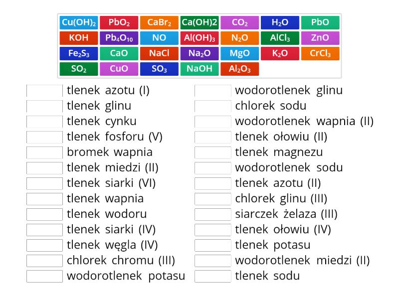 Tlenki i wodorotlenki- nazwy i wzory - Połącz w pary Tlenki I Wodorotlenki Klasa 8