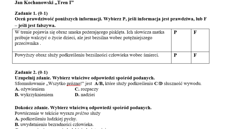 "Tren I" Jana Kochanowskiego - karta pracy • Złoty nauczyciel Jan Kochanowski Sprawdzian Klasa 7