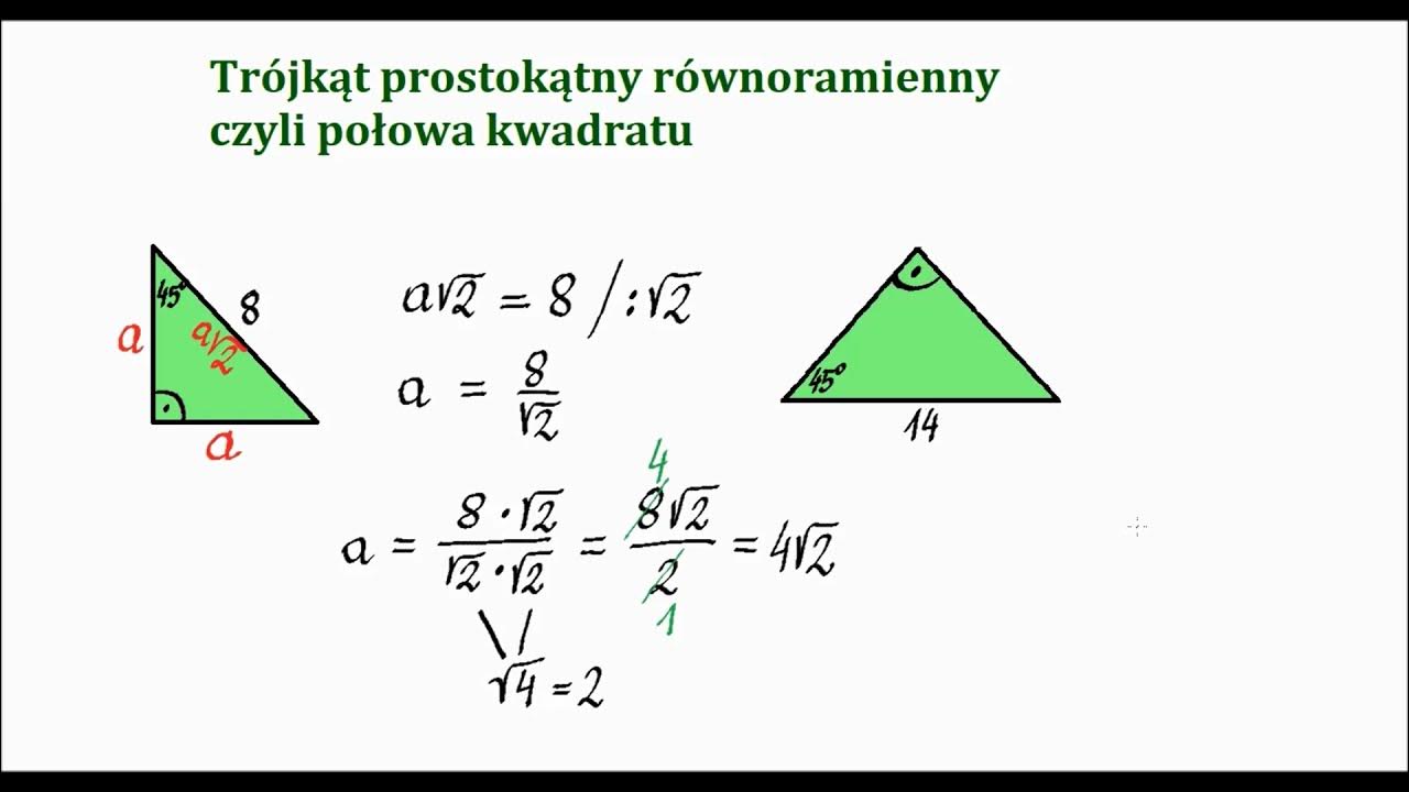 Trójkąt o kątach 90,45,45 (połowa kwadratu). Związki miarowe w Trójkąty O Kątach 90 45 45 Oraz 90 30 60