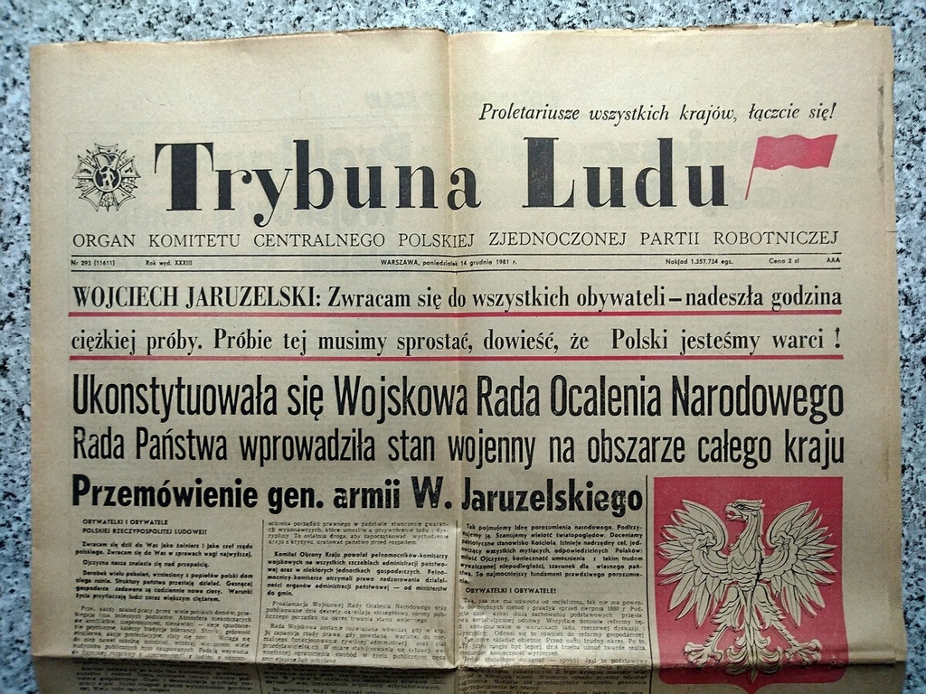 TRYBUNA LUDU 14 XII 1981 STAN WOJENNY - ORYGINAŁ - 13297804100 W Skład Trybunału Stanu Wchodzi