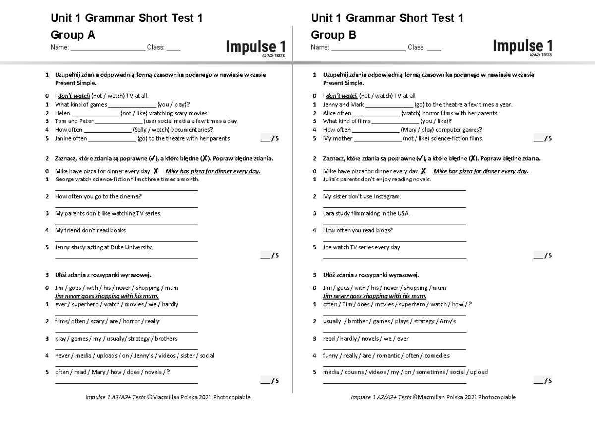 Klasa 4 Unit 1 Test