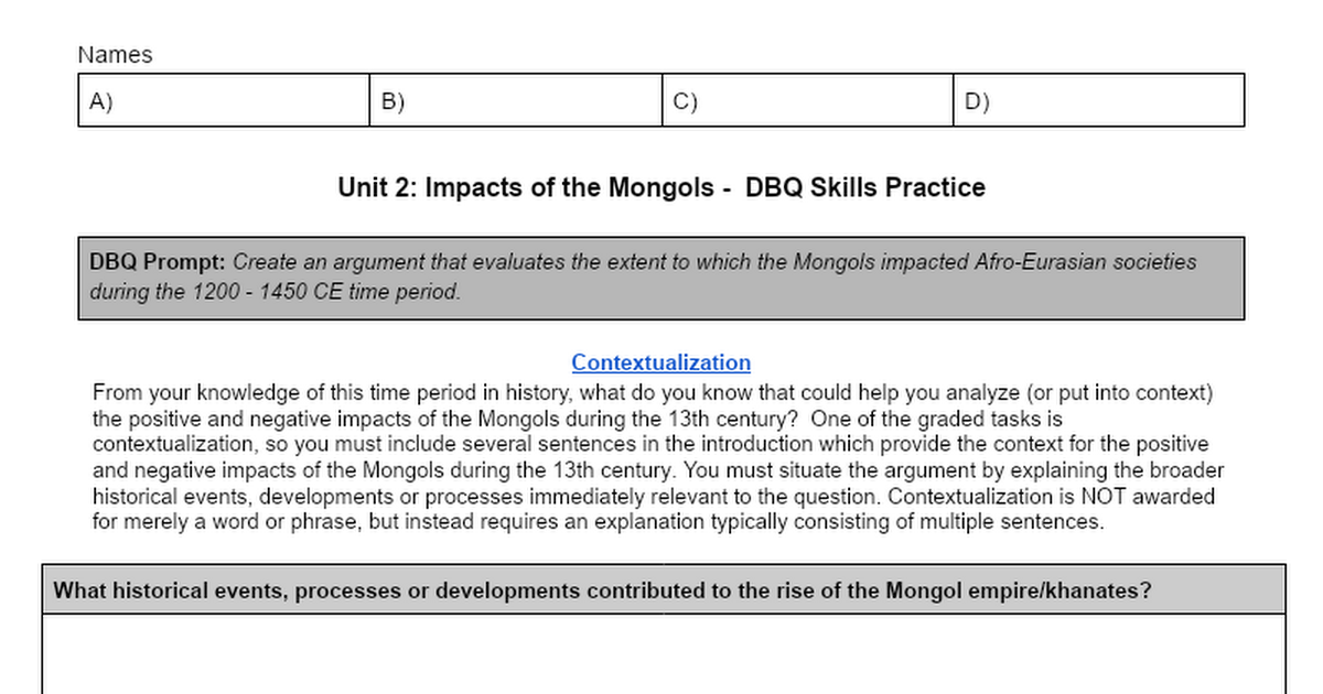 Unit 2 DBQ Practice - Impacts of the Mongols - Google Docs Dbq Impact Of The Mongols Answer Key