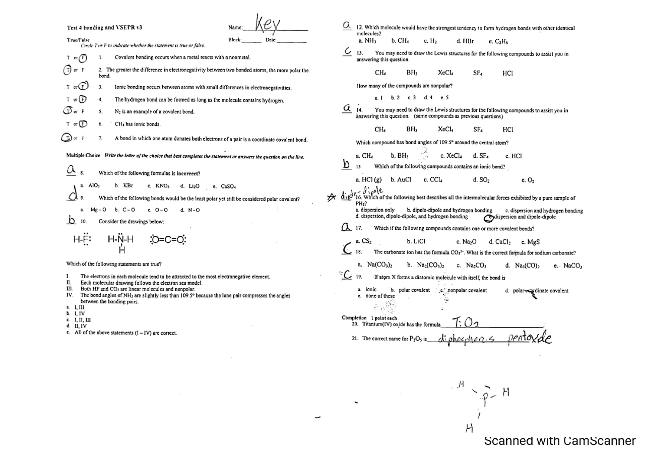 Unit 4 Test Answer Key