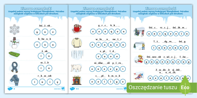 Uzupełnianie Samogłosek | Zadanie zimowe | Język polski Samogloski I Splgloski Karty Pracy Klasa 1