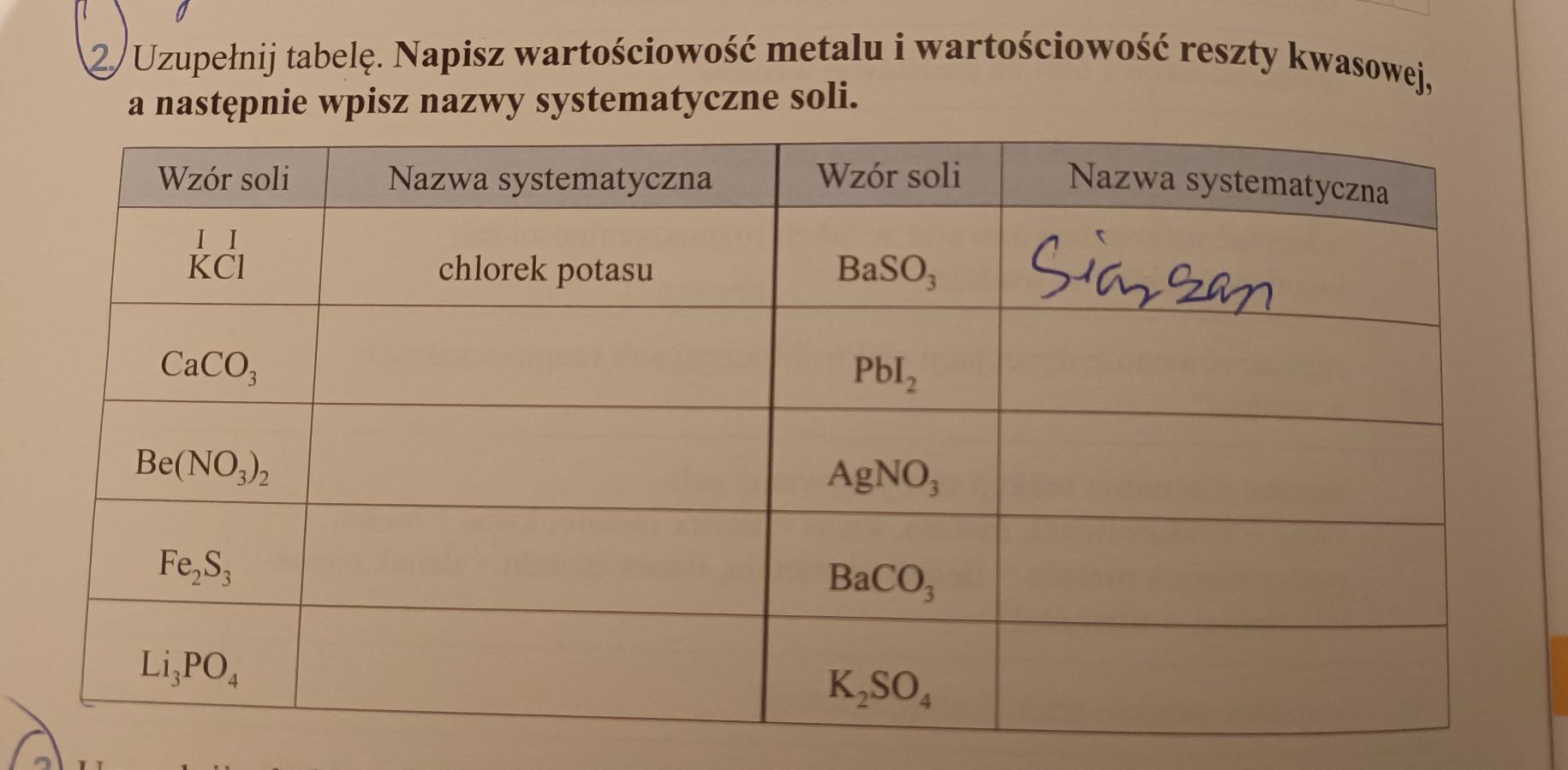 Uzupełnij tabele. Napisz wartościowość metalu i wartościowość reszty Zaznacz Wartościowość Reszty Kwasowej Kwasu Fosforowego 5