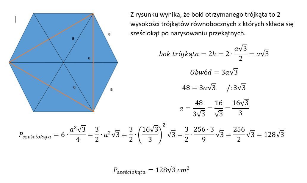 w sześciokącie foremnym połączono co drugi wierzchołek i otrzymano Wzor Na Pole Szczesciokata