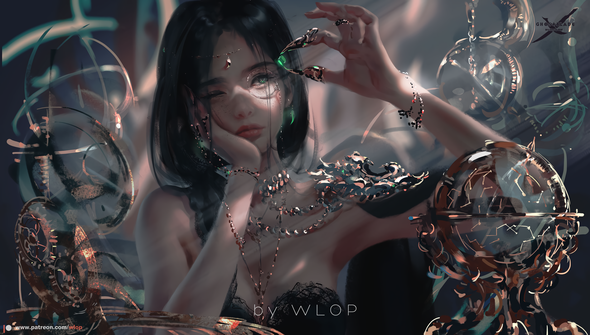 Wallpaper : Ghostblade, aeolian, black hair, wink, WLOP, shoulder Aeolian By Wlop Wallpaper