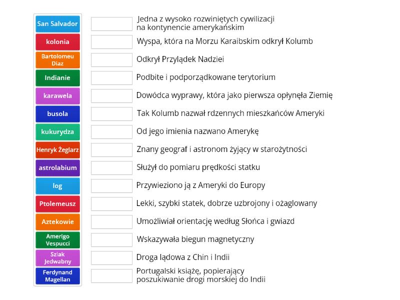 Wielkie odkrycia geograficzne klasa 6 - Po艂膮cz w pary Test Historia Klasa 6 Wielkie Odkrycia Geograficzne